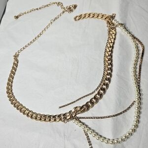 Multi-layer Gold Tone Metal Faux Pearl and Rhinestone Layered Ladies Belt